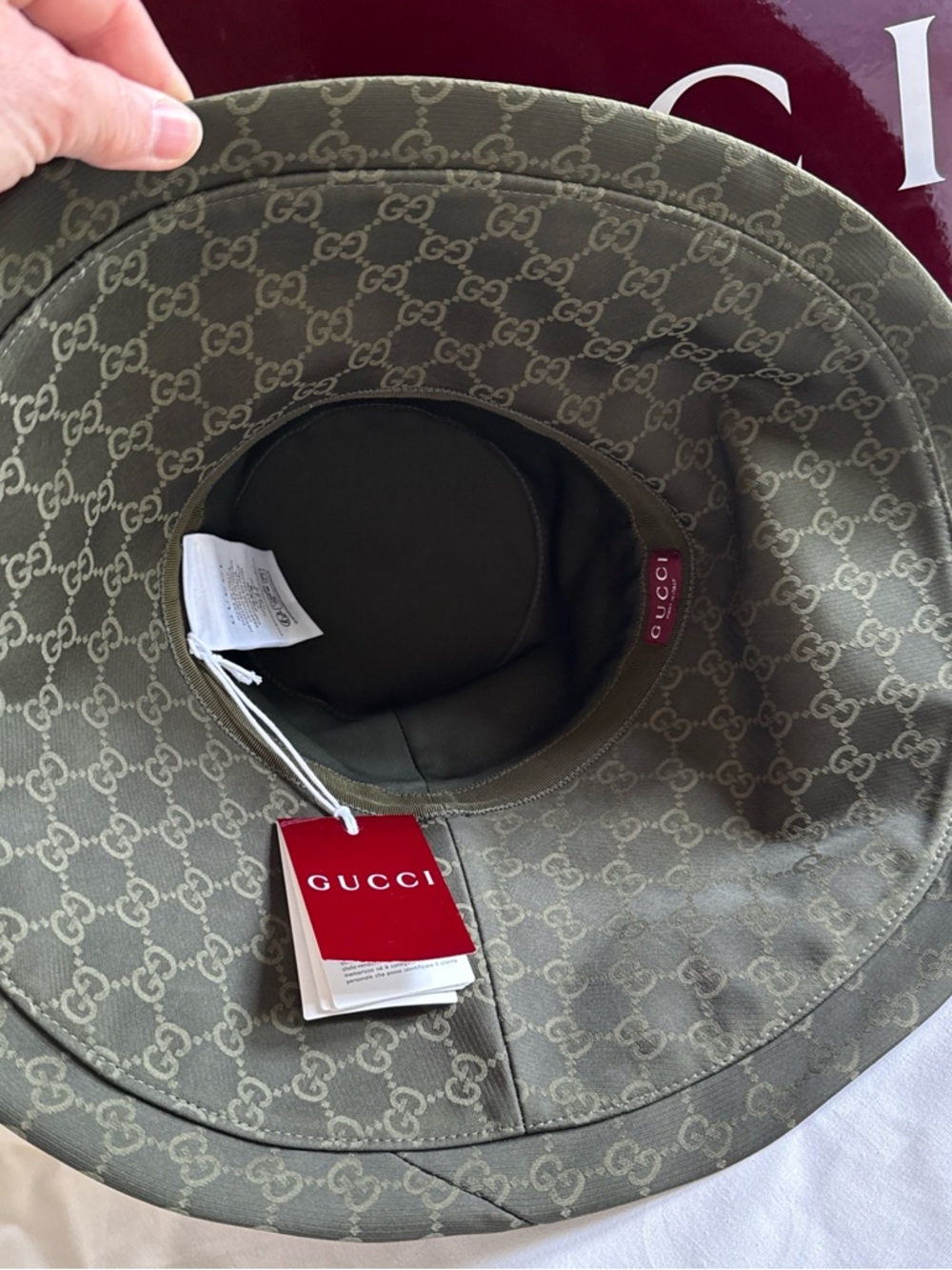 Gucci Olive GG Canvas Wide-Brim Bucket Hat with Gold GG Charm - Picture 6 of 11